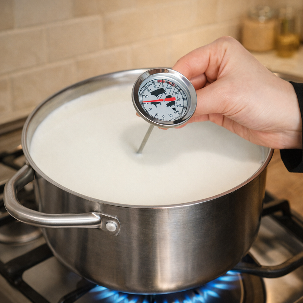 кастрюля с молоком на плите, термометр показывает 30–32 °C